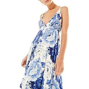 Farm Rio Blue and White Sleeveless Midi Sundress with Plunge Neckline